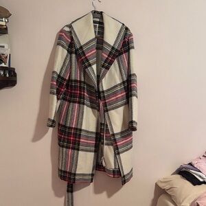 Polo by Ralph Lauren Cream Plaid Long Coat with Pink & Black Accents
